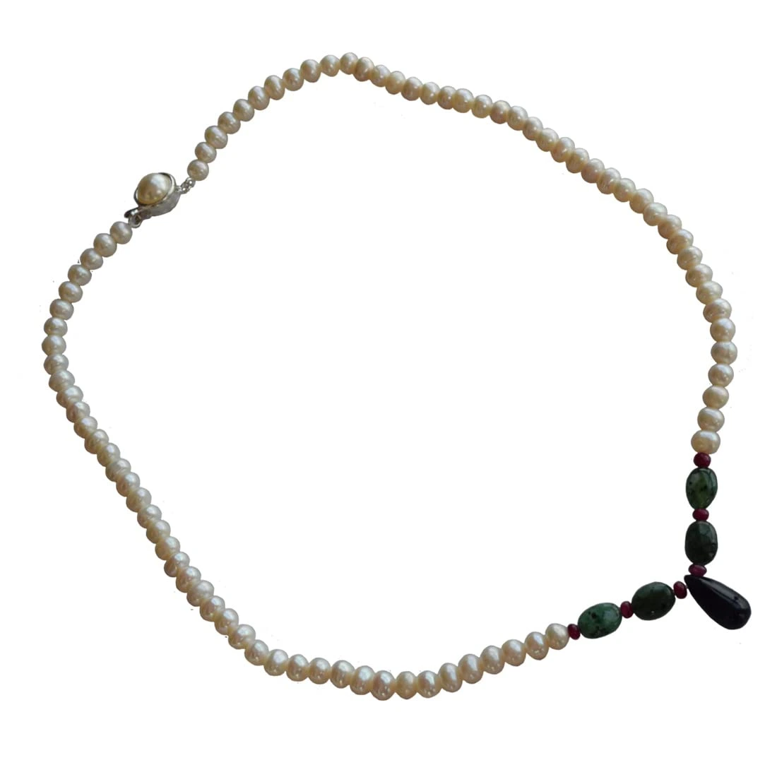 Be His Pet - Real Rice Pearl, Drop Sapphire, Oval Emerald & Ruby Beads Necklace for Women (SN1012)