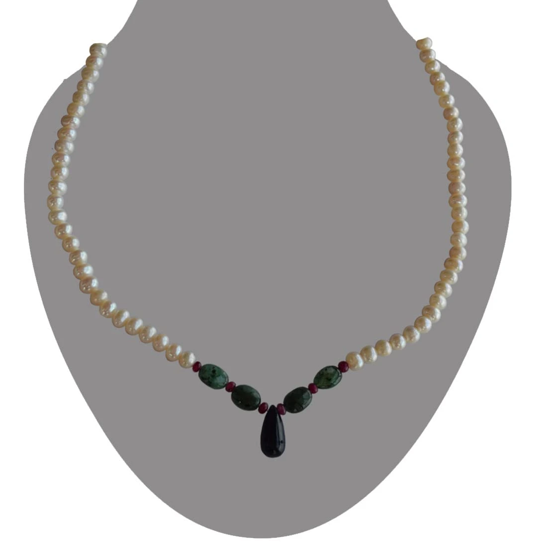 Be His Pet - Real Rice Pearl, Drop Sapphire, Oval Emerald & Ruby Beads Necklace for Women (SN438)