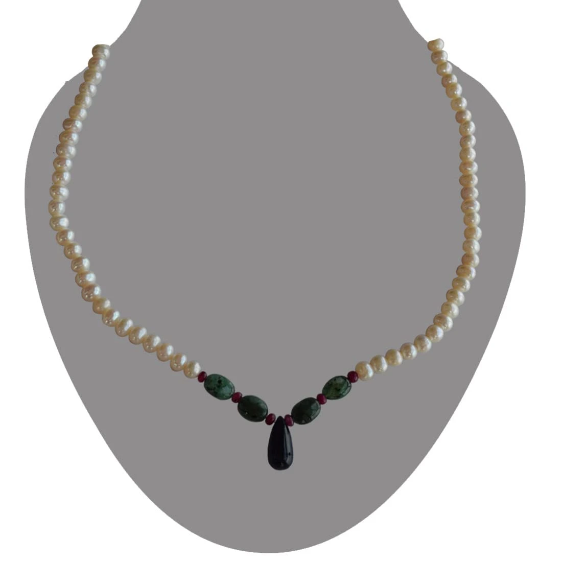 Be His Pet - Real Rice Pearl, Drop Sapphire, Oval Emerald & Ruby Beads Necklace for Women (SN1012)