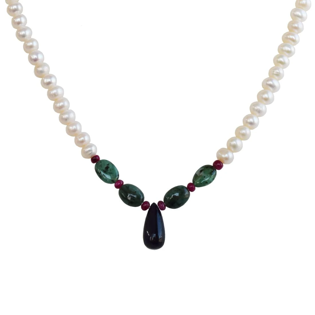 Be His Pet - Real Rice Pearl, Drop Sapphire, Oval Emerald & Ruby Beads Necklace for Women (SN1012)