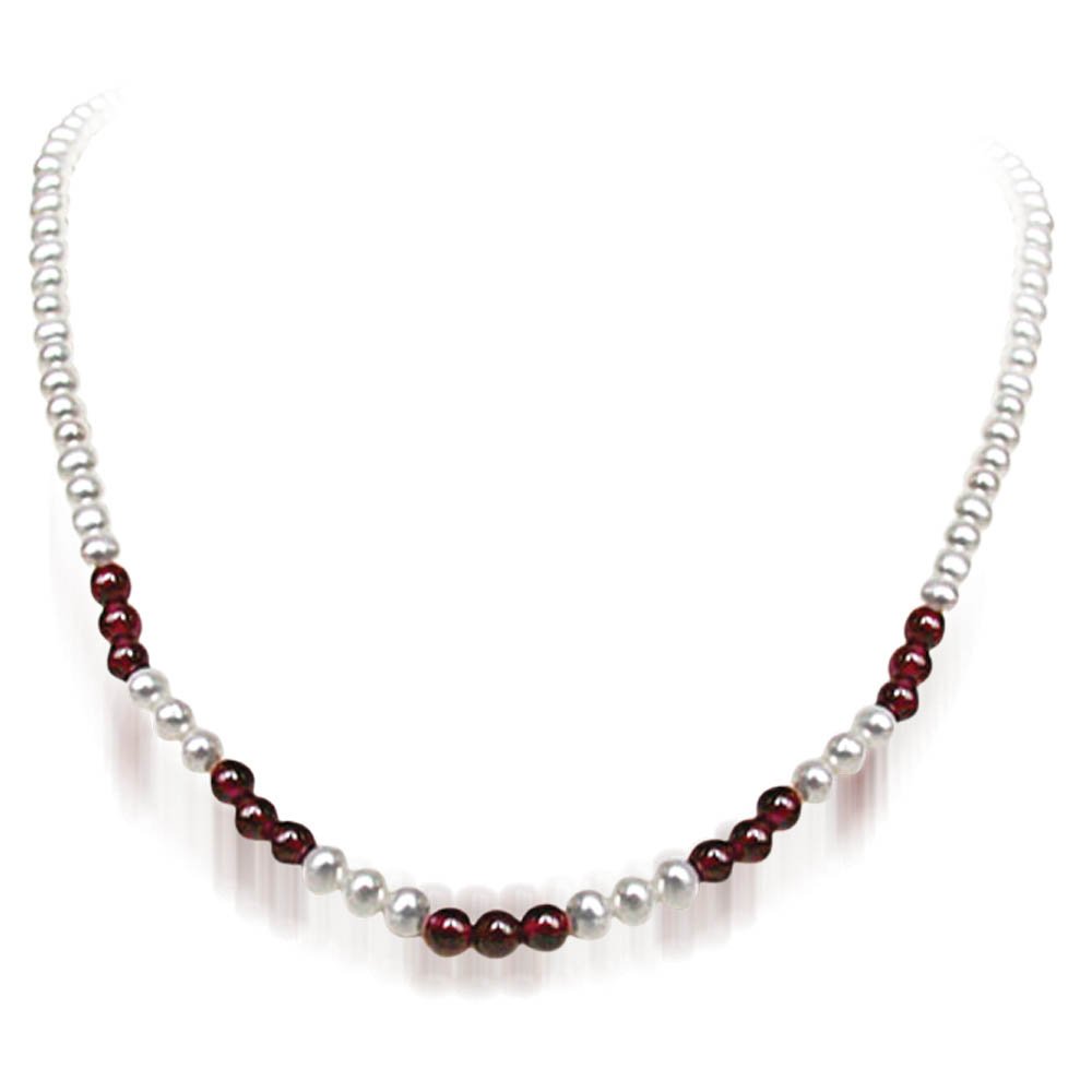 Angel eyes - Single Line Freshwater Pearl & Red Garnet Beads Necklace for Women (SN44)