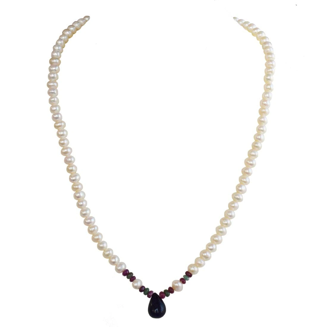 Sapphire, Emerald, Ruby Beads & Rice Pearl Necklace (SN440)