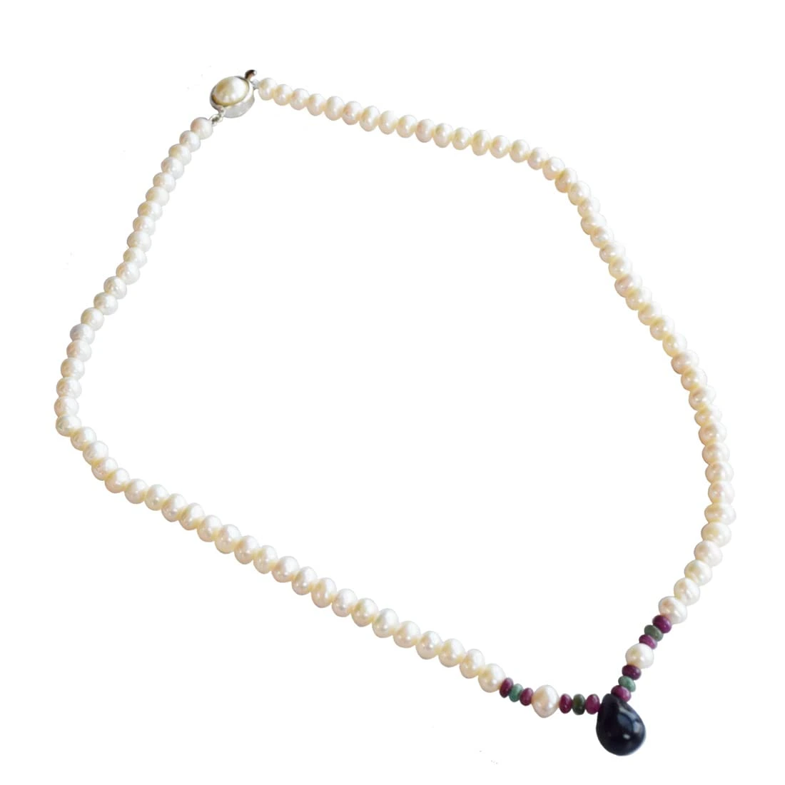 Sapphire, Emerald, Ruby Beads & Rice Pearl Necklace (SN440)