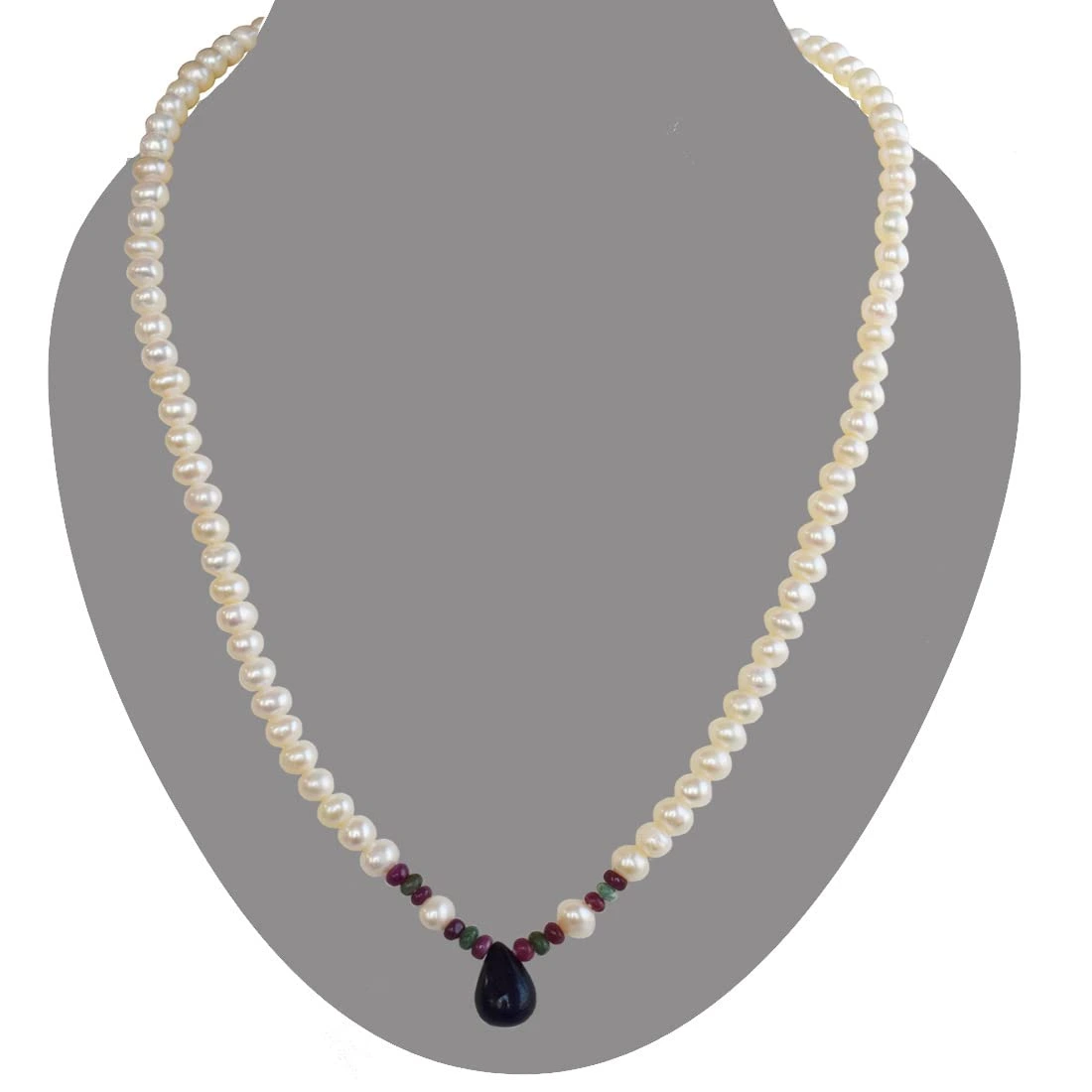 Sapphire, Emerald, Ruby Beads & Rice Pearl Necklace (SN440)