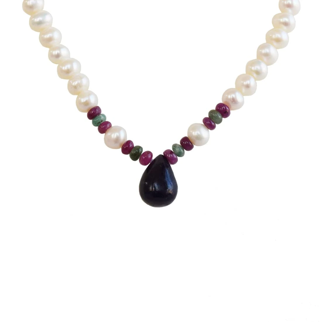 Sapphire, Emerald, Ruby Beads & Rice Pearl Necklace (SN1017)