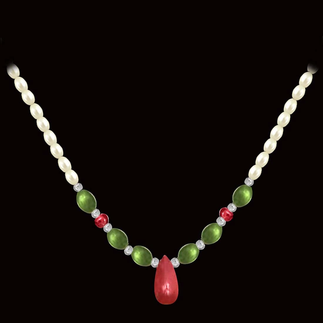 Joyous Beauty - Single Line Freshwater Pearl, Drop Ruby & Oval Emerald Necklace for Women (SN442)