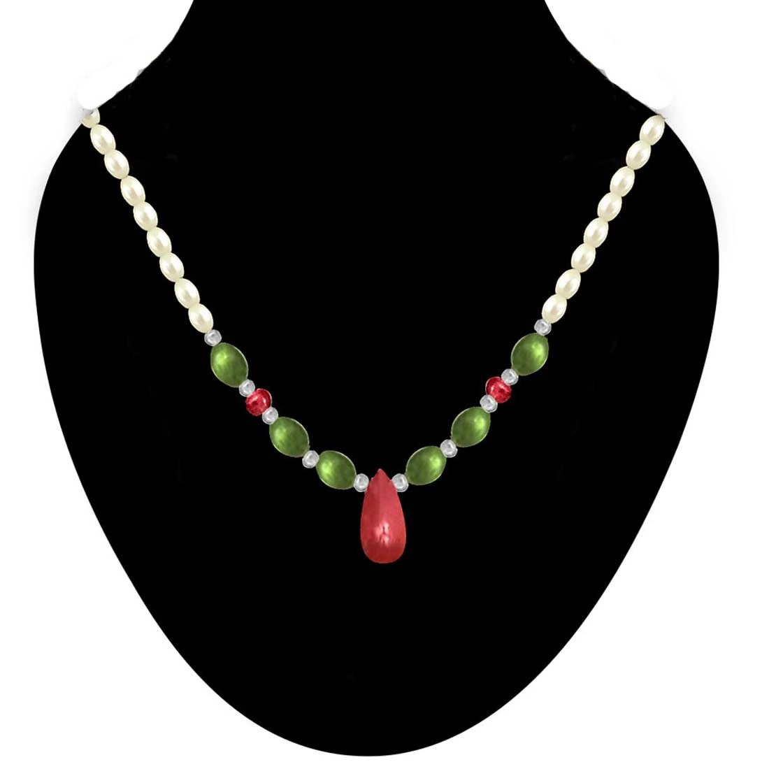 Joyous Beauty - Single Line Freshwater Pearl, Drop Ruby & Oval Emerald Necklace for Women (SN442)