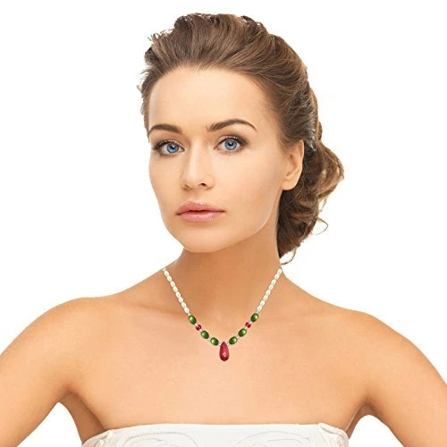 Joyous Beauty - Single Line Freshwater Pearl, Drop Ruby & Oval Emerald Necklace for Women (SN442)