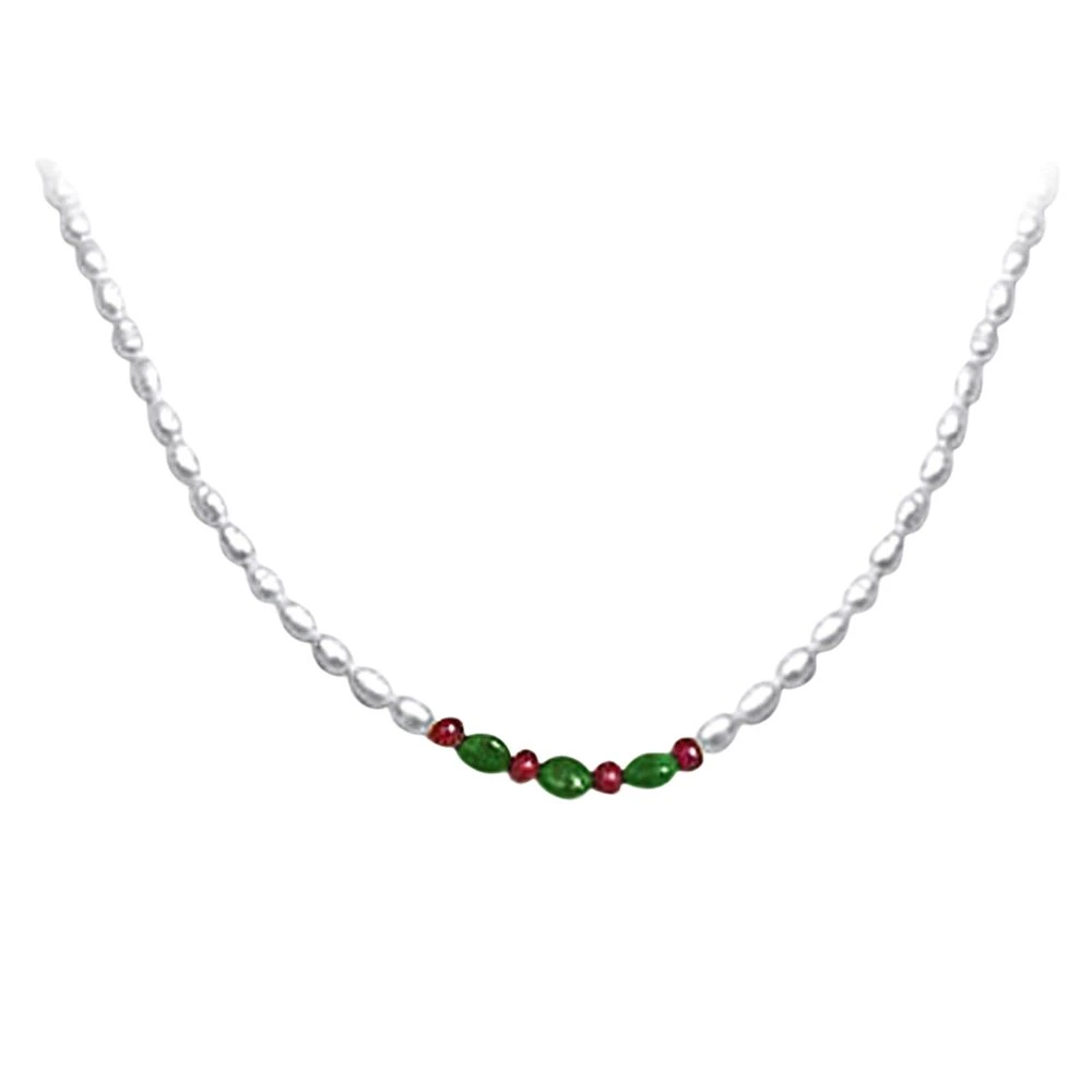 Glitter Girl - Real Rice Pearl, Oval Emerald & Ruby Beads Necklace For Women (SN443)