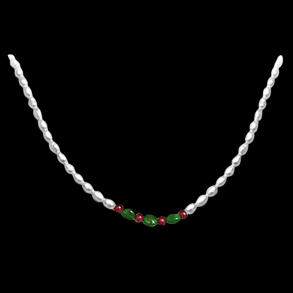 Glitter Girl - Real Rice Pearl, Oval Emerald & Ruby Beads Necklace For Women (SN443)