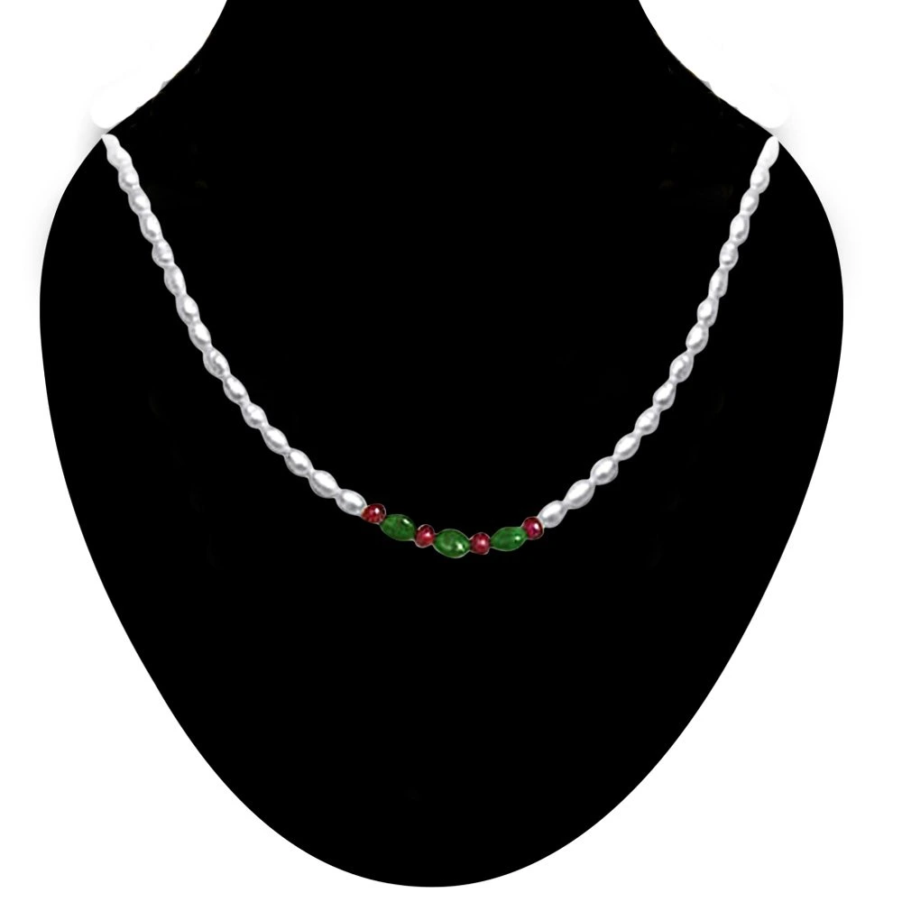 Glitter Girl - Real Rice Pearl, Oval Emerald & Ruby Beads Necklace For Women (SN443)