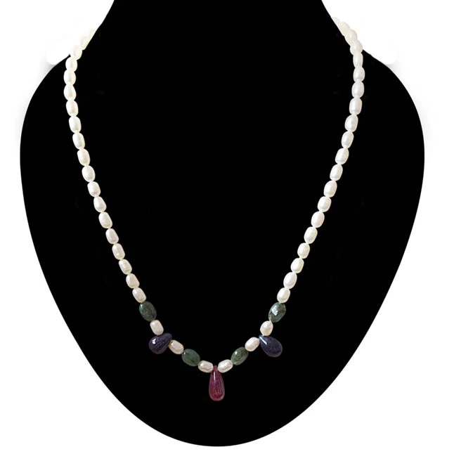 Surreal Beauty - Real Rice Pearl, Drop Sapphire, Oval Emerald & Ruby Beads Necklace for Women (SN444)