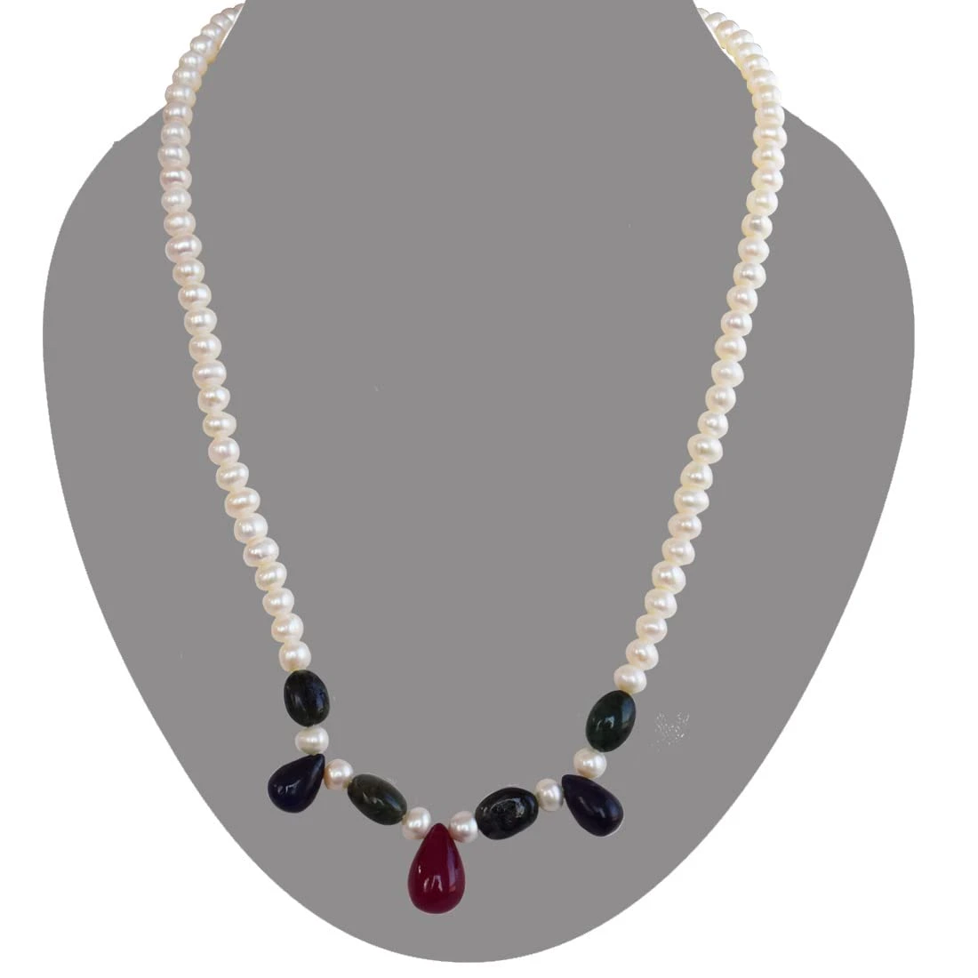 Surreal Beauty - Real Rice Pearl, Drop Sapphire, Oval Emerald & Ruby Beads Necklace for Women (SN1013)