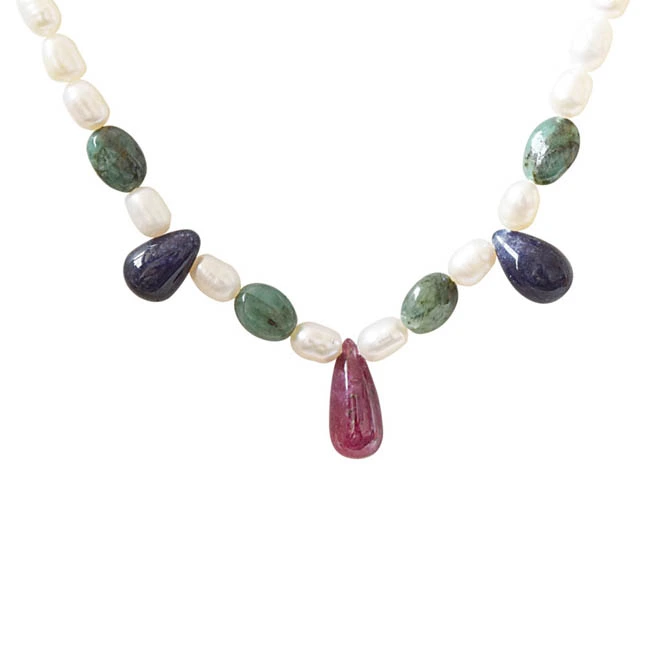 Surreal Beauty - Real Rice Pearl, Drop Sapphire, Oval Emerald & Ruby Beads Necklace for Women (SN1013)