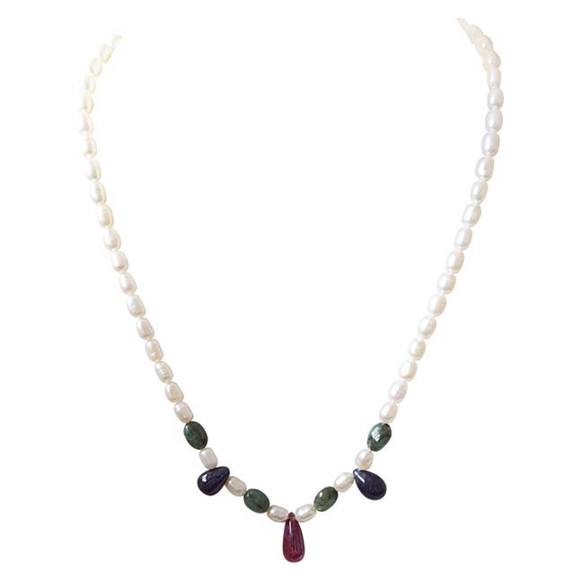 Surreal Beauty - Real Rice Pearl, Drop Sapphire, Oval Emerald & Ruby Beads Necklace for Women (SN444)