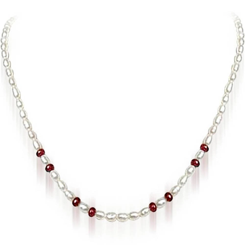 Sheer Fun - Single line Ruby Beads & Rice Pearl Necklace for Women (SN446)