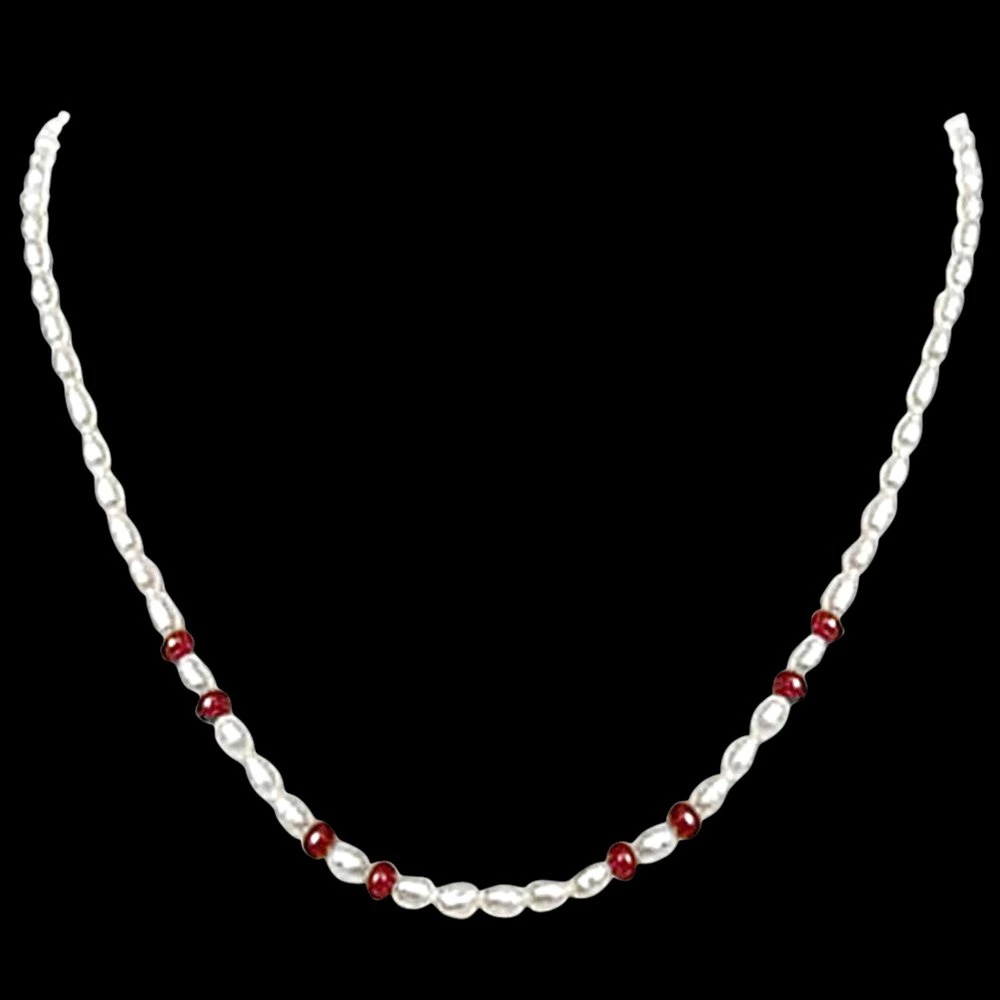 Sheer Fun - Single line Ruby Beads & Rice Pearl Necklace for Women (SN446)