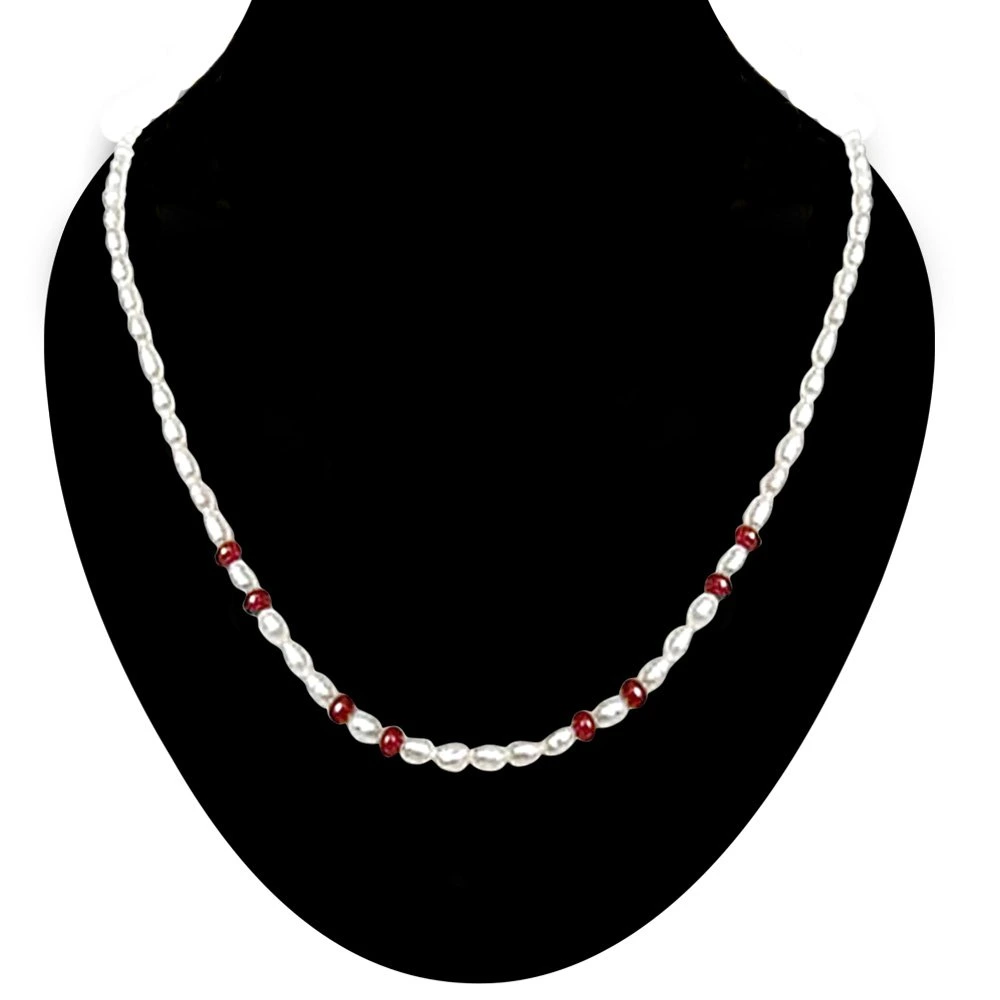 Sheer Fun - Single line Ruby Beads & Rice Pearl Necklace for Women (SN446)
