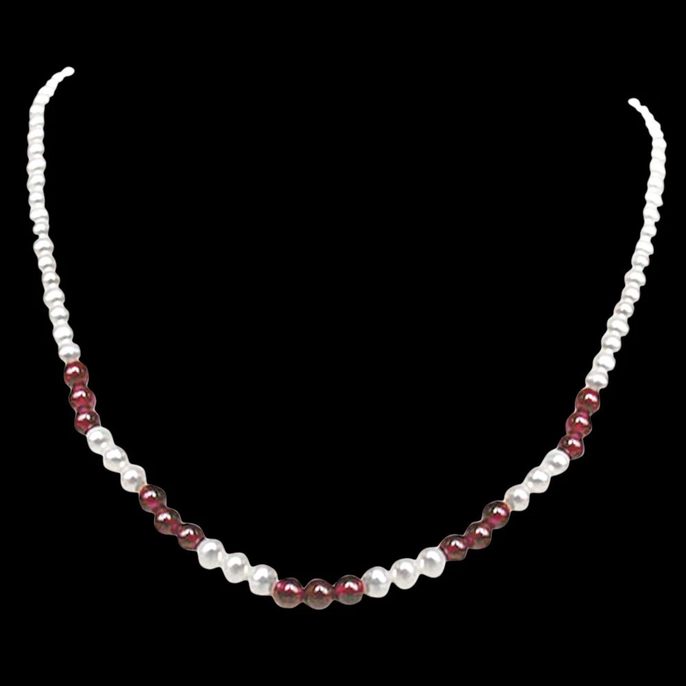 Angel eyes - Single Line Freshwater Pearl & Red Garnet Beads Necklace for Women (SN44)