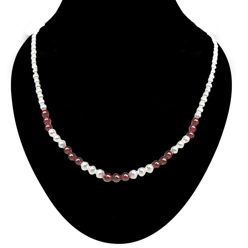Angel eyes - Single Line Freshwater Pearl & Red Garnet Beads Necklace for Women (SN44)