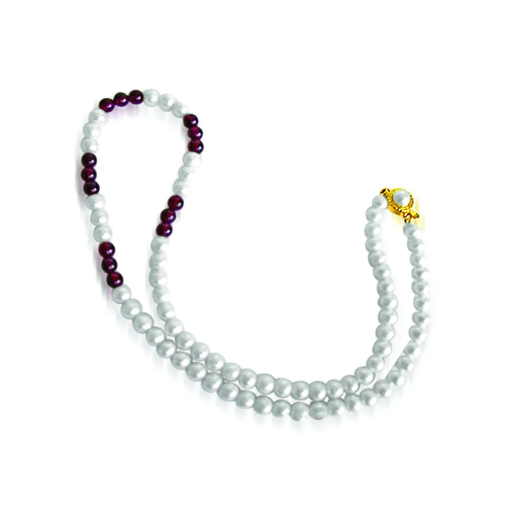 Angel eyes - Single Line Freshwater Pearl & Red Garnet Beads Necklace for Women (SN44)