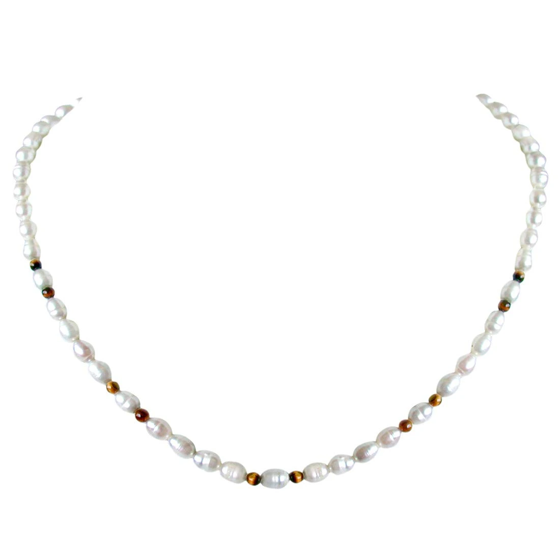 Dazzle - Single line Real Rice Pearl & Round Tiger Eye Beads Necklace (SN46)