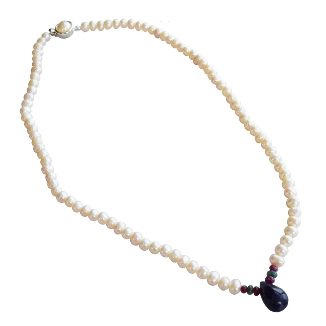 Drop Sapphire, Emerald , Ruby Beads & Rice Pearl Necklace