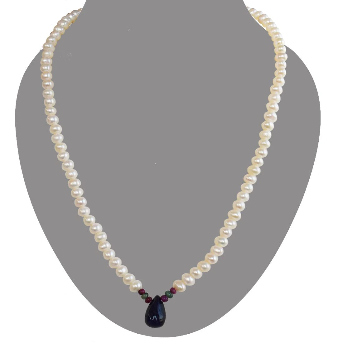 Drop Sapphire, Emerald , Ruby Beads & Rice Pearl Necklace (SN1015)