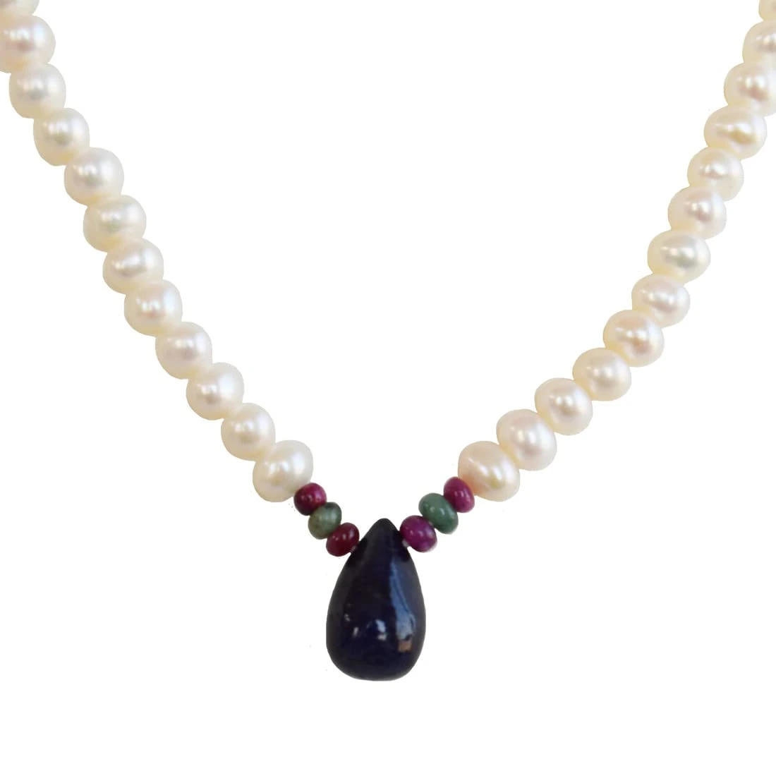 Drop Sapphire, Emerald , Ruby Beads & Rice Pearl Necklace