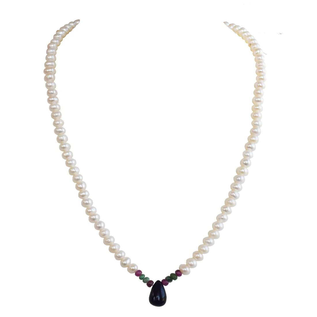 Drop Sapphire, Emerald, Ruby Beads & Rice Pearl Necklace (SN463)