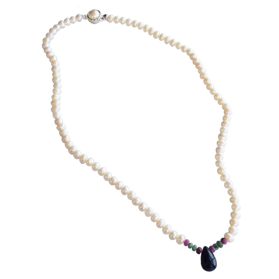 Drop Sapphire, Emerald, Ruby Beads & Rice Pearl Necklace