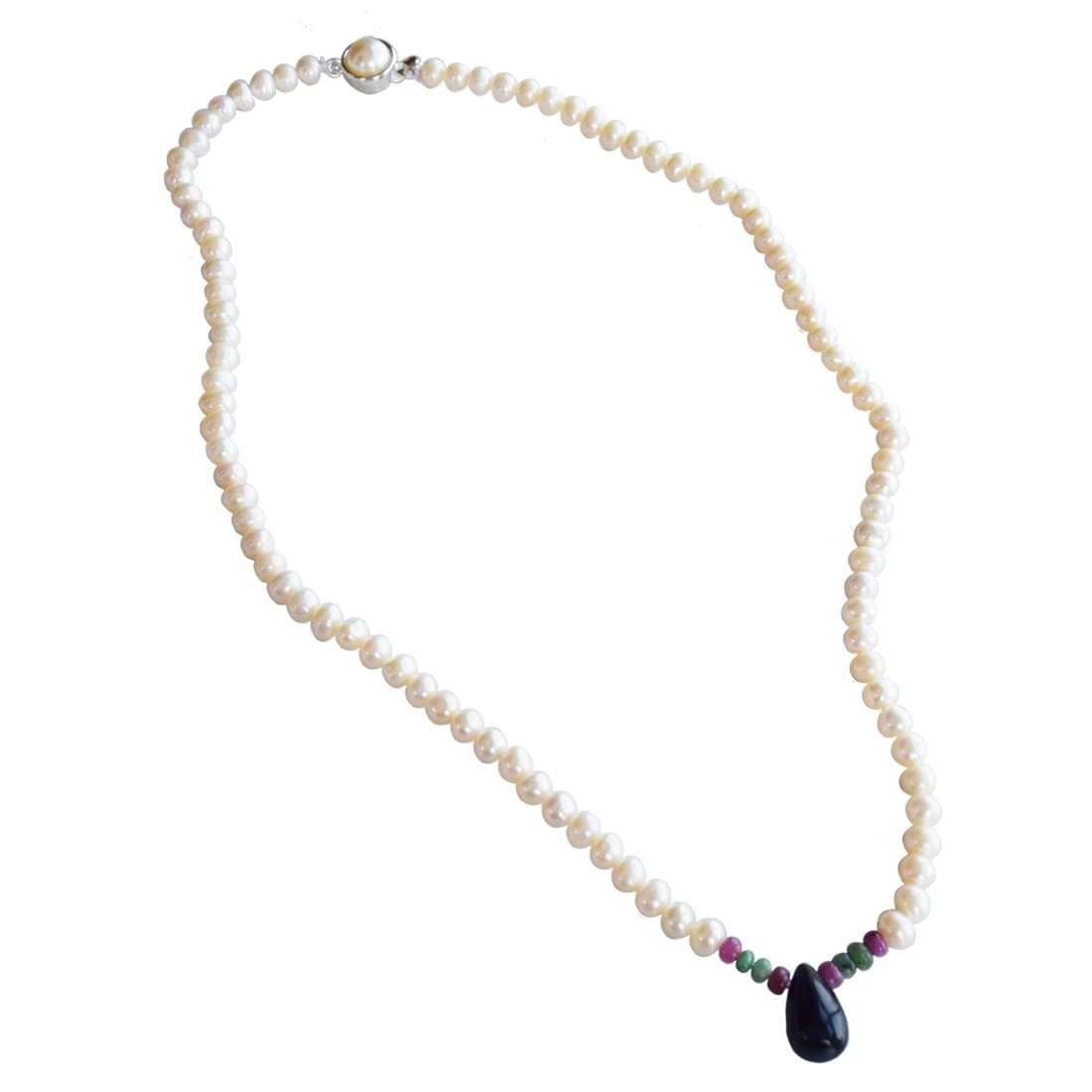 Drop Sapphire, Emerald, Ruby Beads & Rice Pearl Necklace (SN1016)