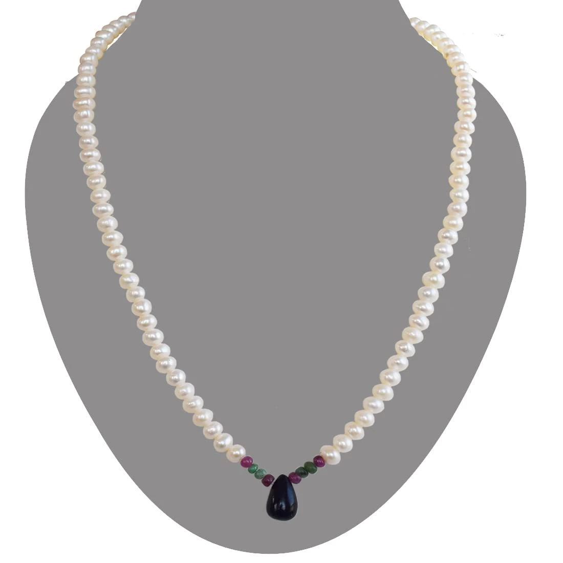 Drop Sapphire, Emerald, Ruby Beads & Rice Pearl Necklace (SN1016)