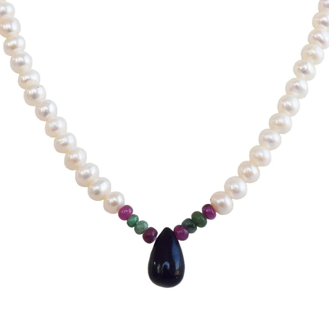 Drop Sapphire, Emerald, Ruby Beads & Rice Pearl Necklace (SN1016)