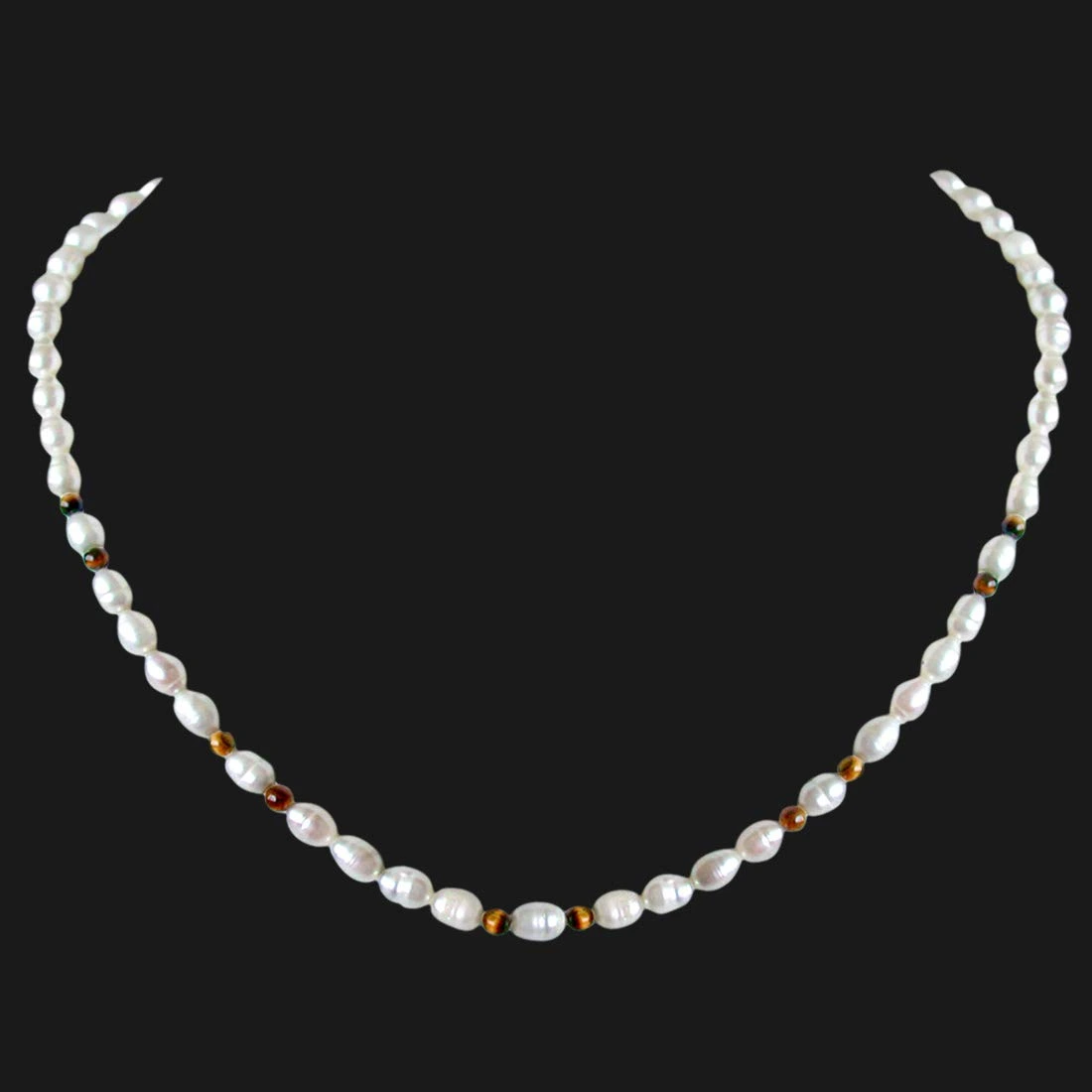 Dazzle - Single line Real Rice Pearl & Round Tiger Eye Beads Necklace (SN46)