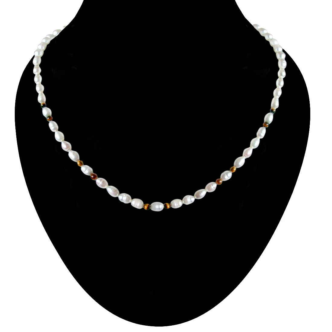 Dazzle - Single line Real Rice Pearl & Round Tiger Eye Beads Necklace (SN46)