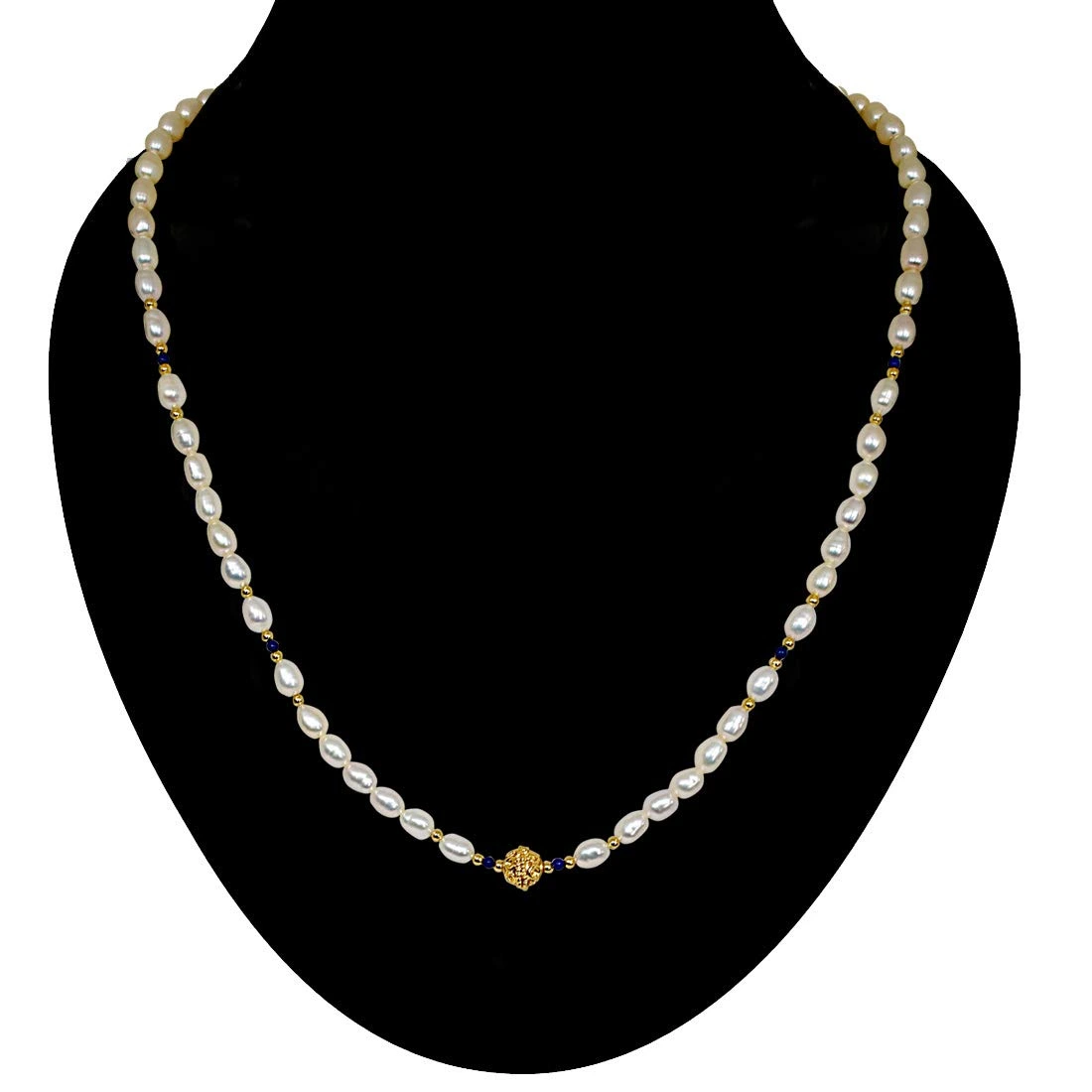 Adoration - Single Line Real Pearl Necklace with Blue Lapiz & Gold Plated Ball & Beads (SN47)