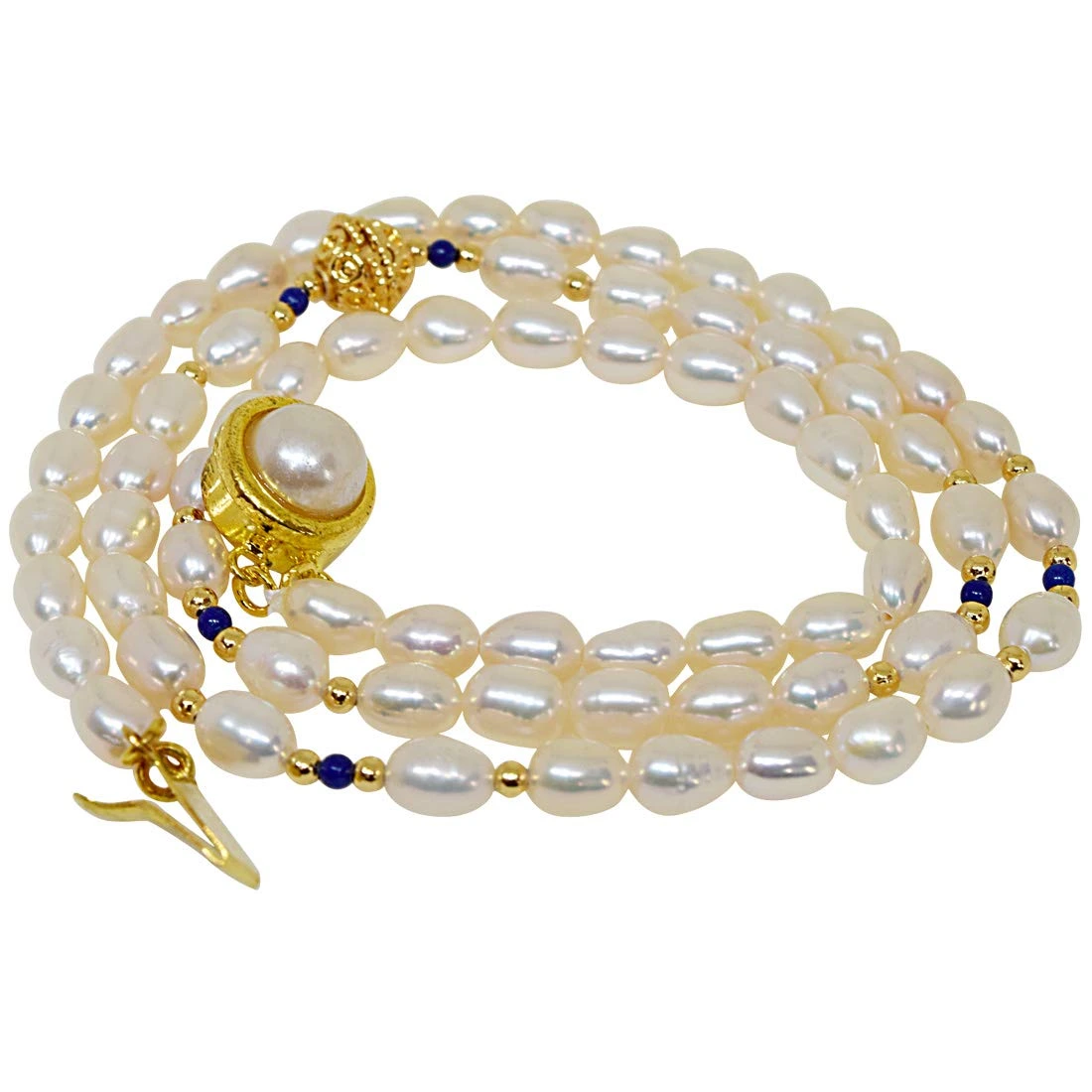 Adoration - Single Line Real Pearl Necklace with Blue Lapiz & Gold Plated Ball & Beads (SN47)