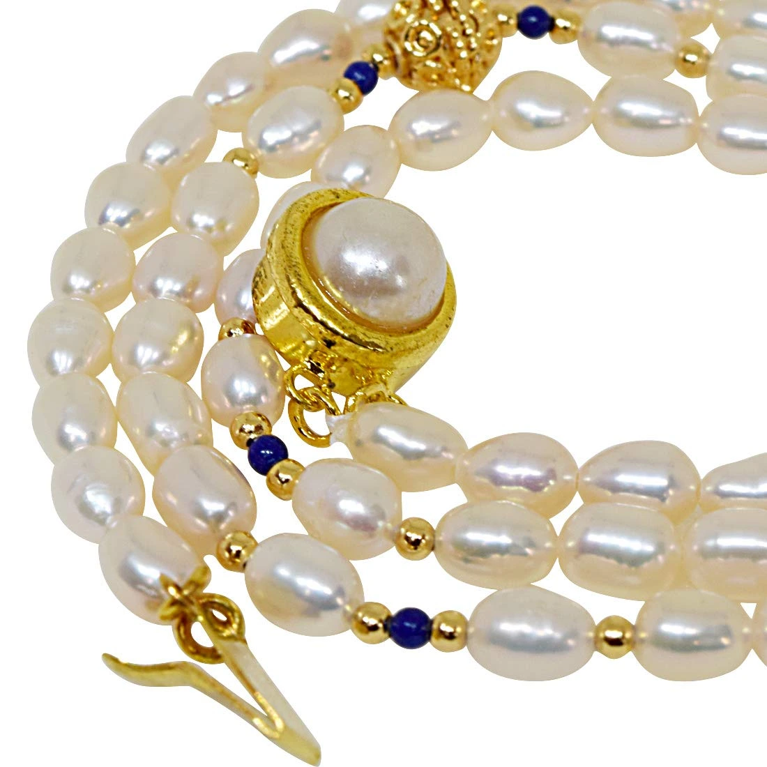 Adoration - Single Line Real Pearl Necklace with Blue Lapiz & Gold Plated Ball & Beads (SN47)