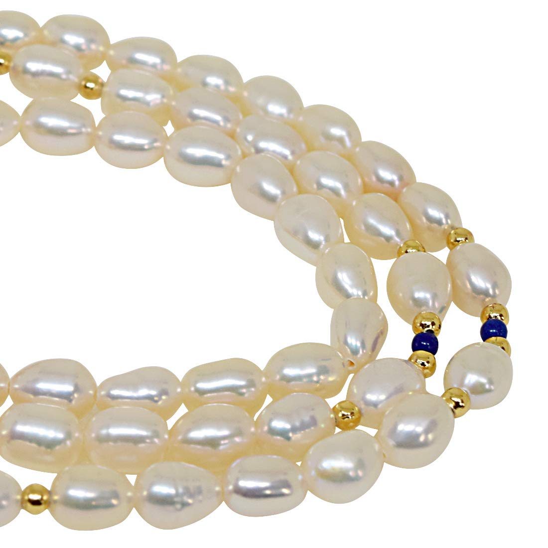 Adoration - Single Line Real Pearl Necklace with Blue Lapiz & Gold Plated Ball & Beads (SN47)