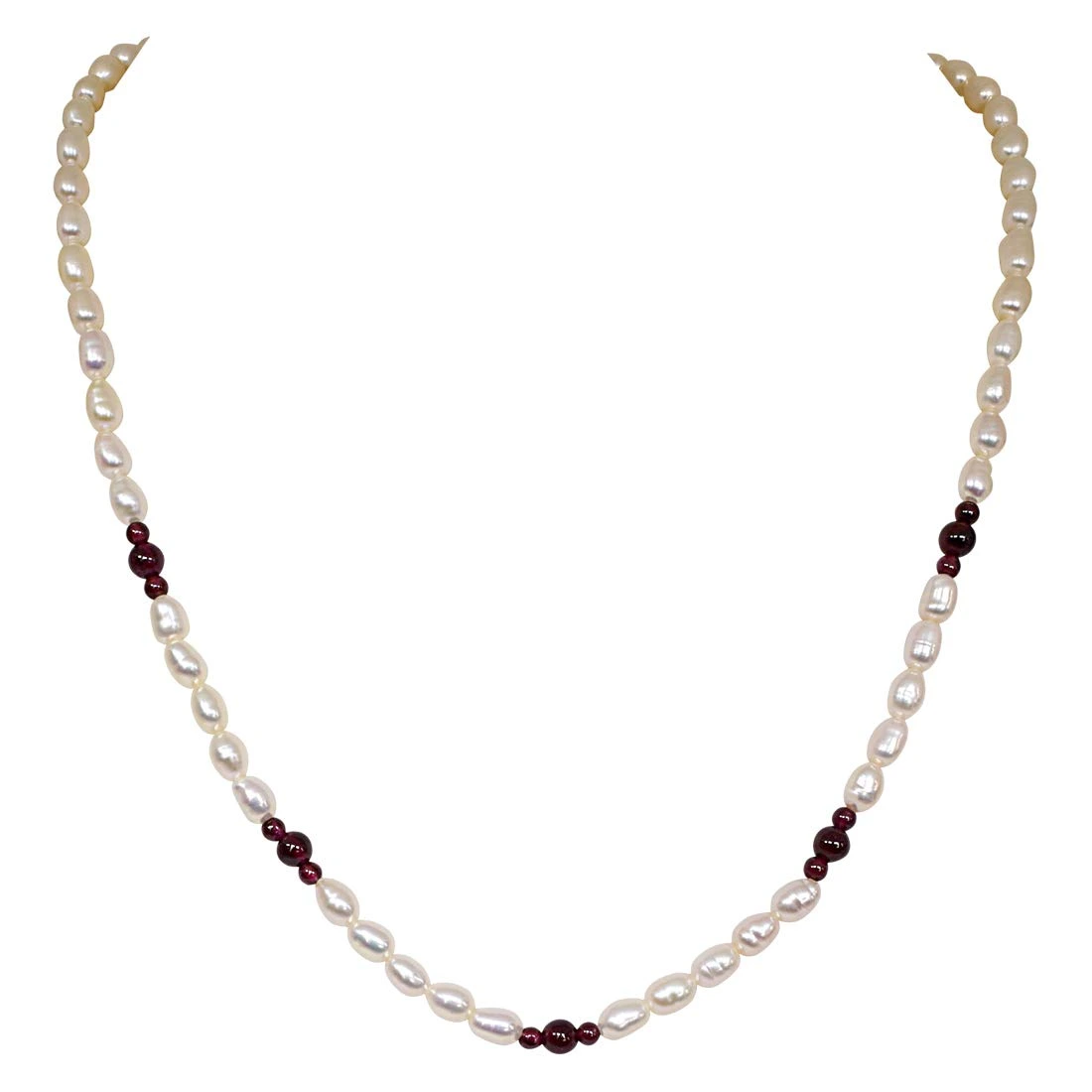 Sentiments - Single Line Pearl Necklace with Small & Big Round Garnet (SN48)