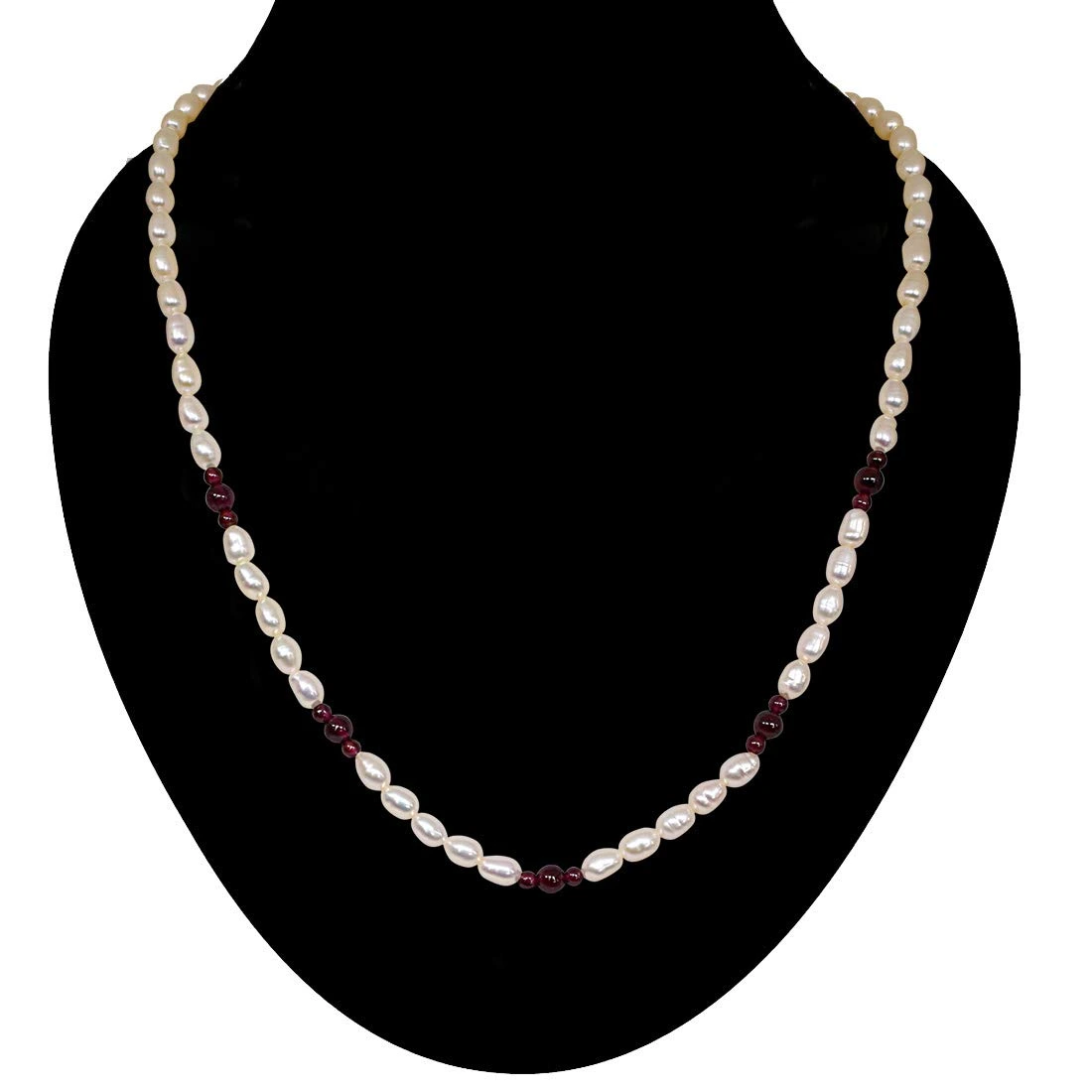 Sentiments - Single Line Pearl Necklace with Small & Big Round Garnet (SN48)