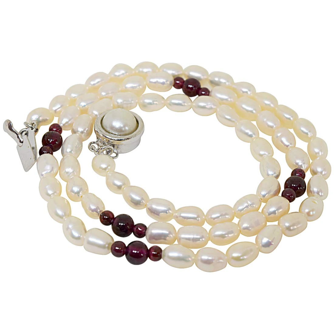 Sentiments - Single Line Pearl Necklace with Small & Big Round Garnet (SN48)