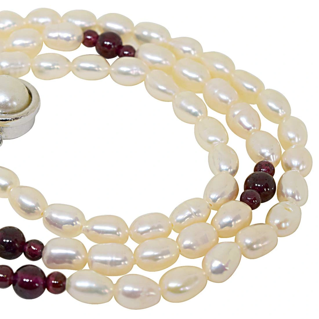 Sentiments - Single Line Pearl Necklace with Small & Big Round Garnet (SN48)