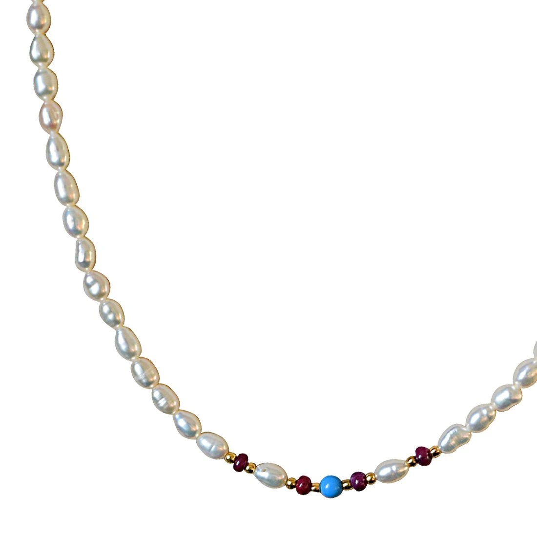 Single line Turquoise Bead, Ruby Beads and Rice Pearl Necklace for Women (SN492)