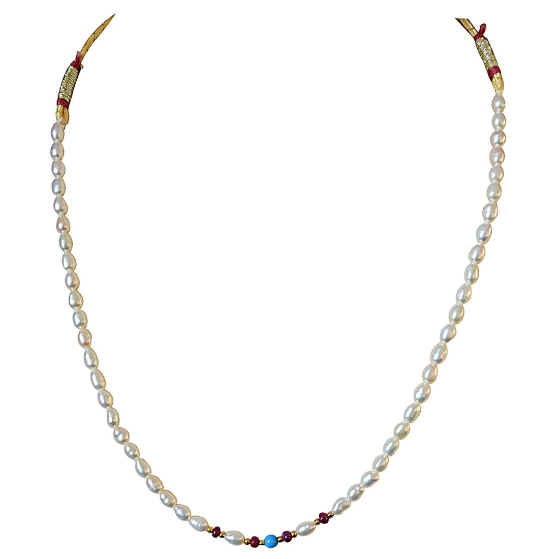 Single line Turquoise Bead, Ruby Beads and Rice Pearl Necklace for Women (SN492)