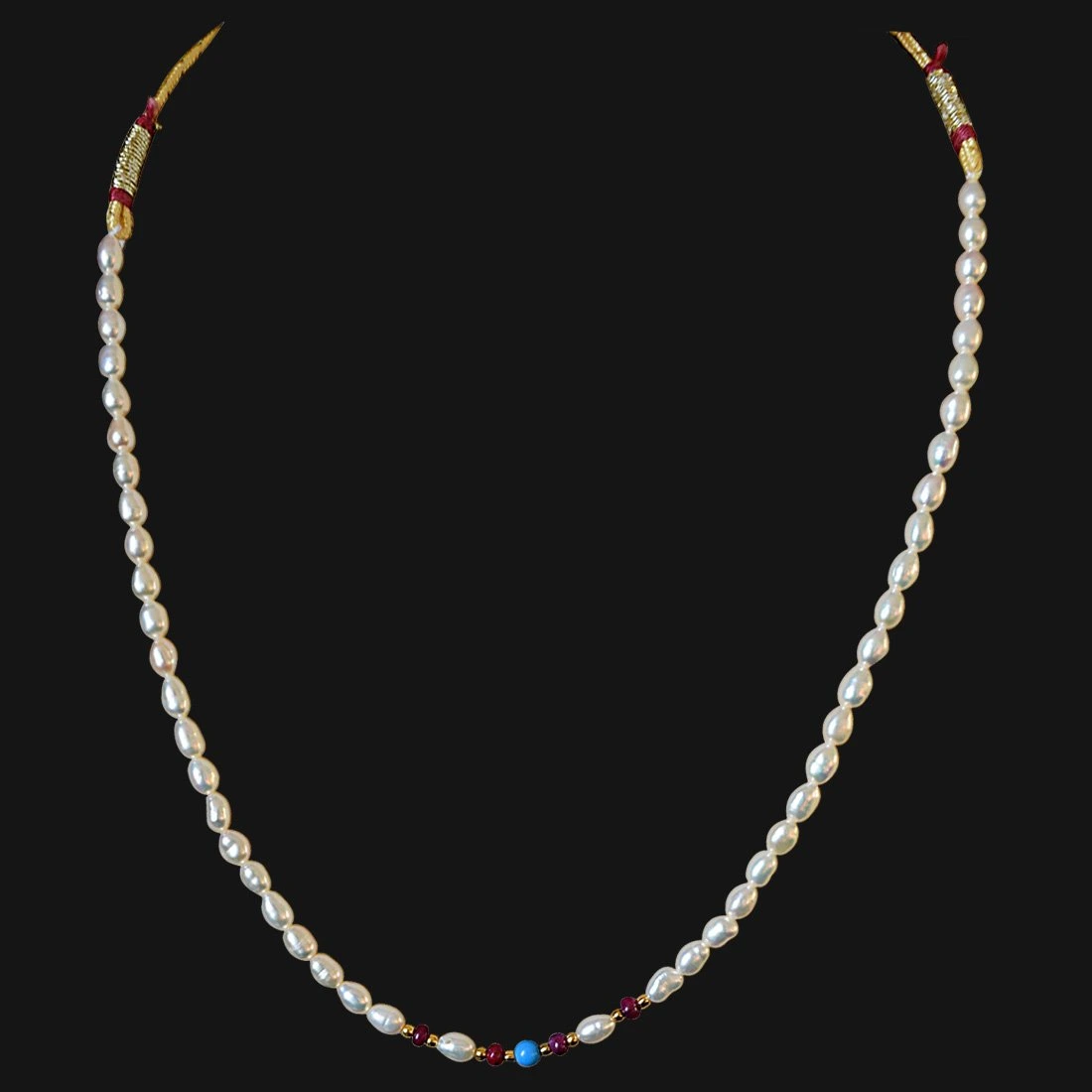 Single line Turquoise Bead, Ruby Beads and Rice Pearl Necklace for Women (SN492)