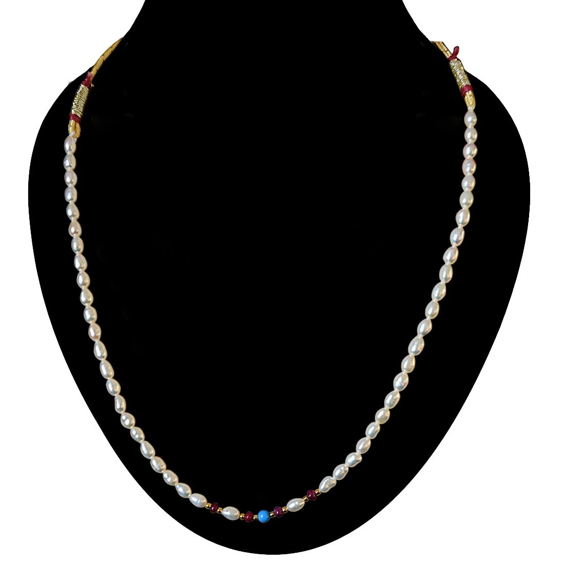 Single line Turquoise Bead, Ruby Beads and Rice Pearl Necklace for Women (SN492)