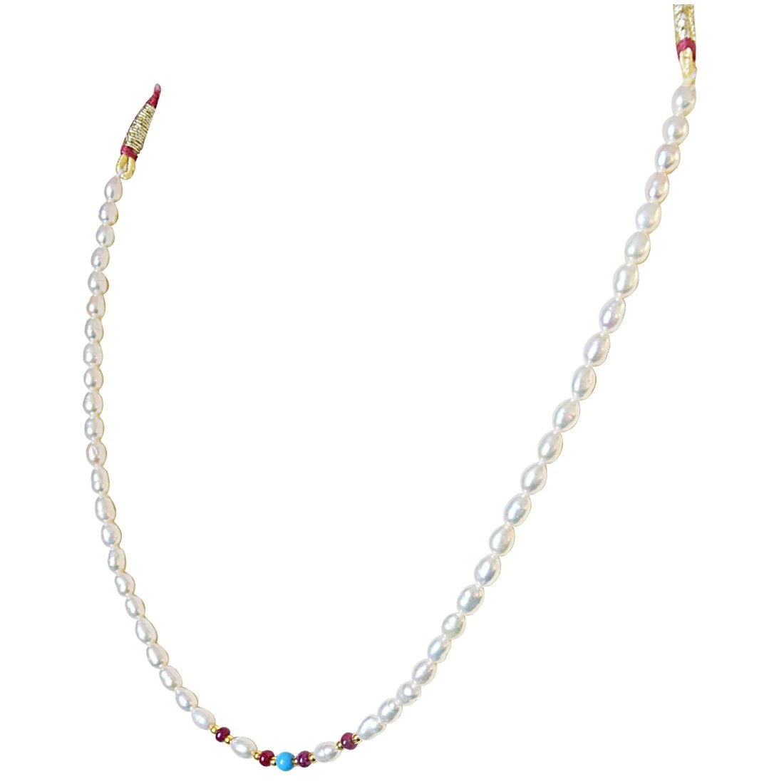 Single line Turquoise Bead, Ruby Beads and Rice Pearl Necklace for Women (SN492)