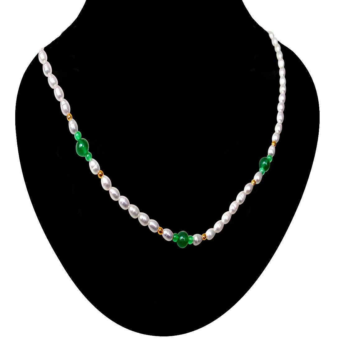 Verve -  Single line Real Freshwater Pearl, Green Onyx & Gold Plated Beads Necklace (SN49)